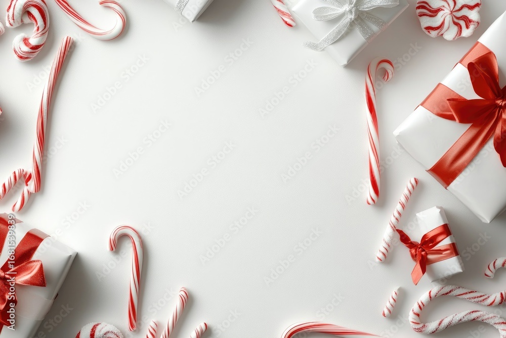 Obraz premium Festive christmas candy cane and gift border with pine cones and snowflakes