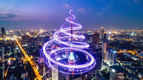 Bangkok Cityscape with Light Trails at Night