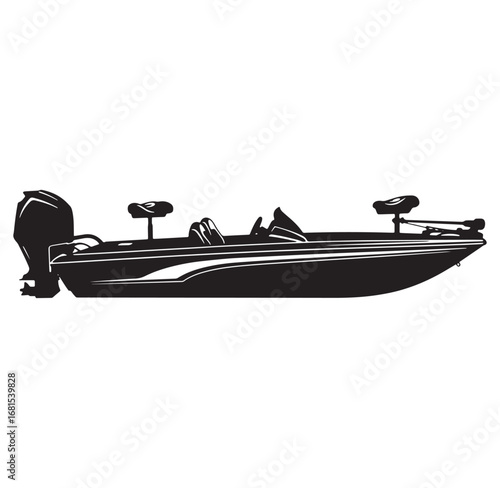 Detailed black and white vector illustration of a modern bass fishing boat on white