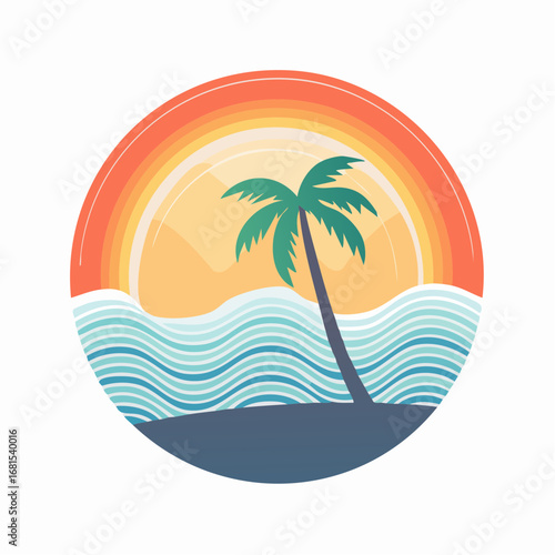 Tropical Sunset Paradise A Serene Coastal Scene with Palm Tree Silhouette and Ocean Waves