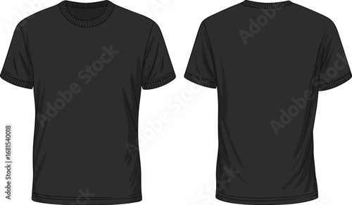 Flat vector illustration of basic black t-shirt front and back view, casual fashion apparel mockup template for clothing design projects.