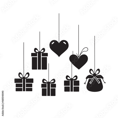 Vector art of collection of black gift box and heart silhouettes hanging on strings