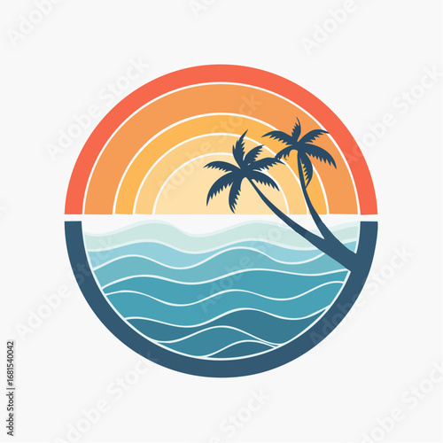 Conceptual vector art showcasing a vibrant tropical beach sunset, featuring silhouetted palm trees against a warm sky and tranquil ocean waves, ideal for travel and vacation designs
