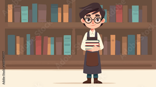 Young person holding books in bookstore interior illustration