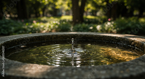 Peaceful water droplet creating ripples in stone fountain on a sunny day for meditation and zen