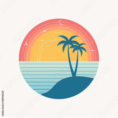 Tropical Island Sunset with Palm Trees and Ocean Waves