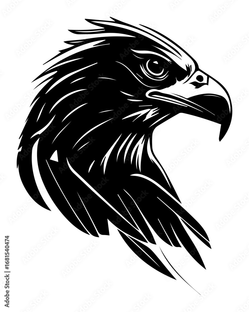 Fototapeta premium Dynamic eagle head profile with sharp feathers – intense monochrome raptor illustration