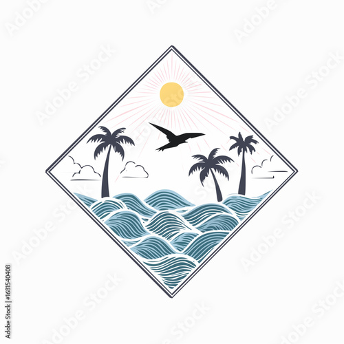 Vintage line art illustration of a tropical beach paradise with palm trees, ocean waves, and a soaring bird under the sun