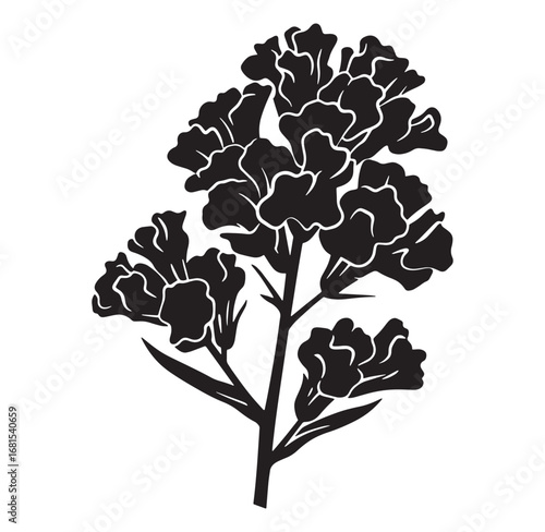 Elegant black and white floral silhouette depicting a blooming branch with detailed petals