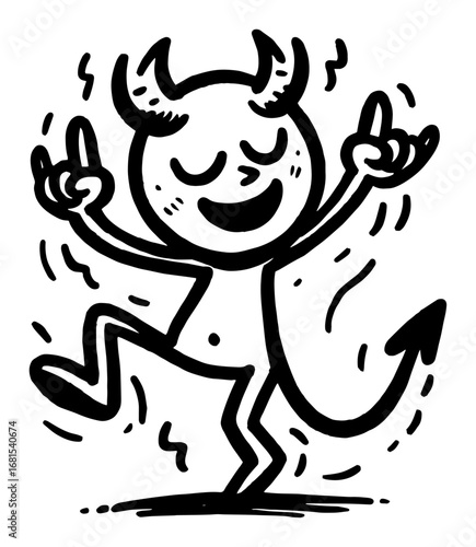 Happy dancing little devil cartoon with horns and tail – playful doodle character