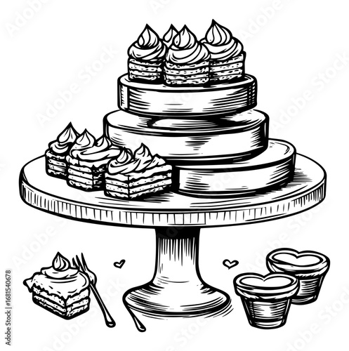 Tiered cake stand with assorted pastries and hearts – elegant dessert table sketch