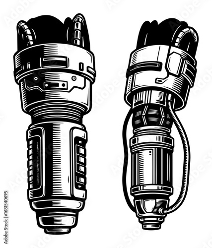 Futuristic plasma blaster guns – detailed sci‑fi handheld weapon set illustration