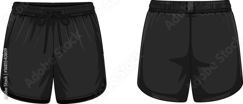 Flat vector illustration of athletic running shorts front and back view, fashion design template for sportswear, activewear, workout apparel mockup.