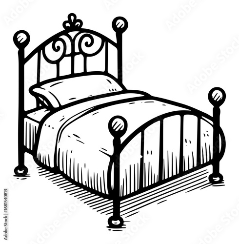 Vintage wrought iron bed with soft pillows – cozy hand‑drawn furniture engraving