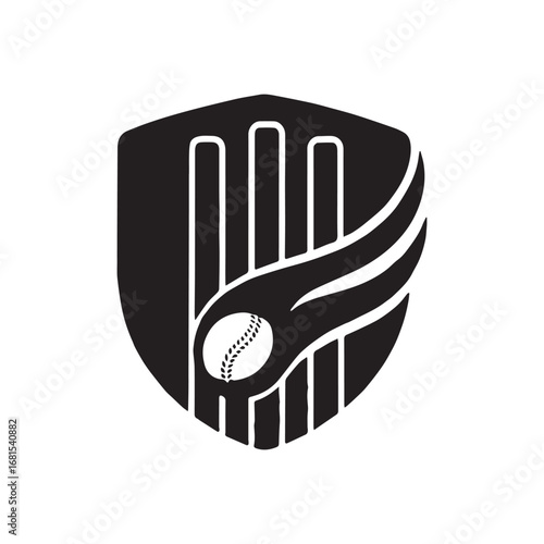 Modern Silhouette Shield Cricket Logo with Stumps and Ball Motion Design.