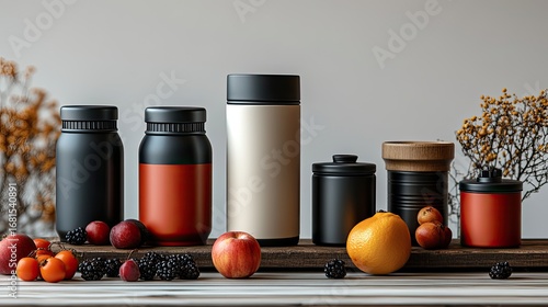 Modern insulated containers, autumnal fruits, and berries on a wooden surface; still life, product presentation