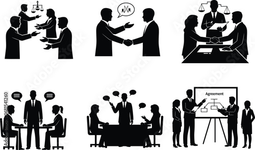 Business negotiation, corporate meeting, legal agreement, team discussion, contract signing, mediation, teamwork collaboration, handshake deal, dispute resolution, agreement planning