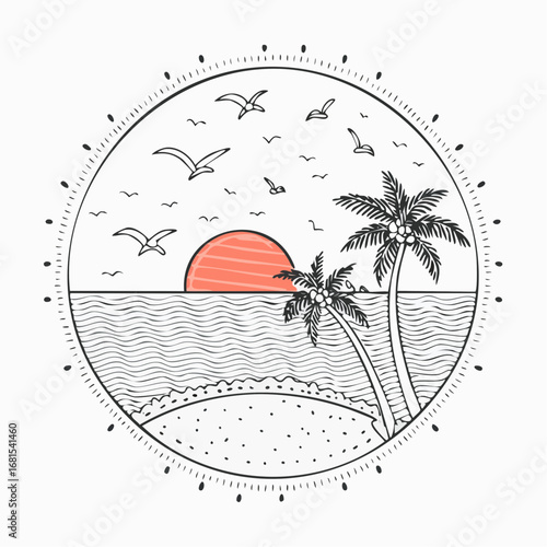 Coastal Paradise A Detailed Ink Illustration of a Serene Beach Scene