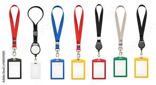 Collection of colorful lanyards with blank ID card holders, ready for customization and branding