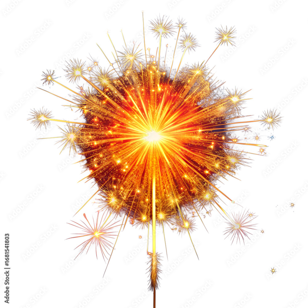Fototapeta premium A vibrant sparkler with an intense orange and red glow, emitting a dazzling display of golden sparks and light, isolated on a transparent background