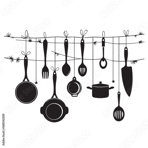 Vector art of collection of kitchen utensils hanging on a wire, including pans, spatulas, spoons, and a knife