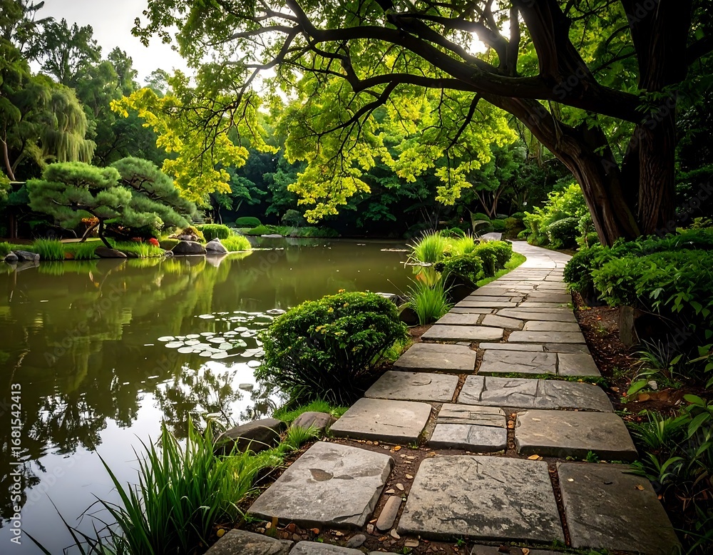 Fototapeta premium Serene stone path winds through a tranquil Japanese garden, reflecting in a still pond beneath lush greenery.