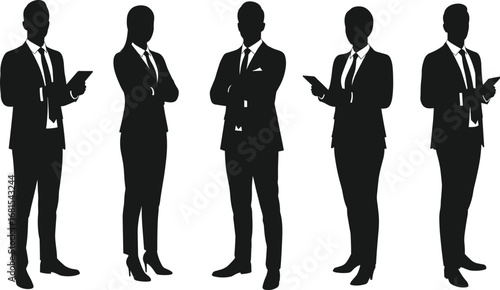 Business silhouettes, corporate professionals, team standing in row, formal attire, vector illustration, black and white, teamwork concept, leadership, office staff, business people