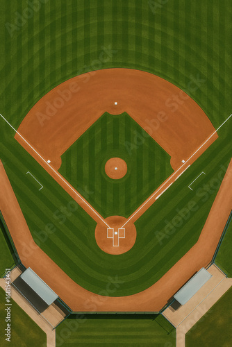 Aerial view of a pristine baseball field showcasing vibrant green grass and meticulously groomed dirt, ready for a game to begin.
