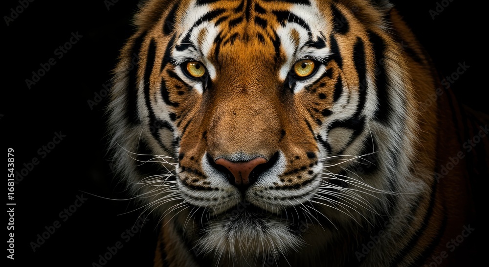 Fototapeta premium Closeup of a tigers face with piercing yellow eyes showcasing its fur pattern and intense gaze against a dark background