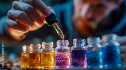Hand pouring potion into small glass bottles filled with colorful glowing liquids