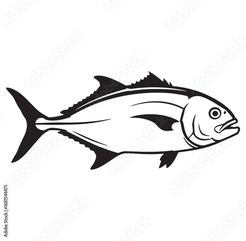 Illustrated black and white vector graphic depicting a swimming fish in simple line art style