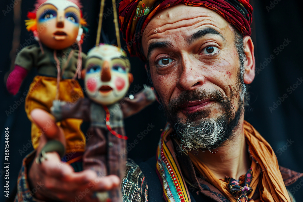 Fototapeta premium Elderly puppeteer performing with expressive clown puppet on theatrical stage generative AI