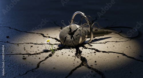 Broken microphone on a cracked floor, symbol of silenced voices.