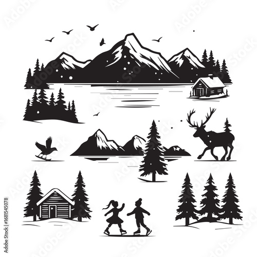 Vector art of collection of winter landscape silhouettes featuring mountains, trees, cabins, deer, and people ice skating