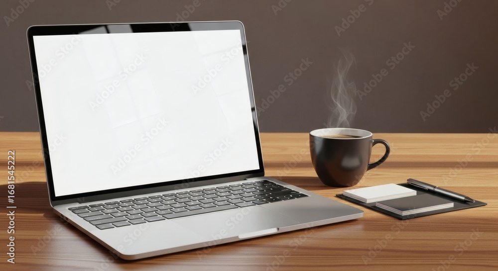 Fototapeta premium Blank screen laptop mockup on a warm wooden desk with a steaming coffee cup and notebook, ideal for showcasing digital designs, work, or study concepts
