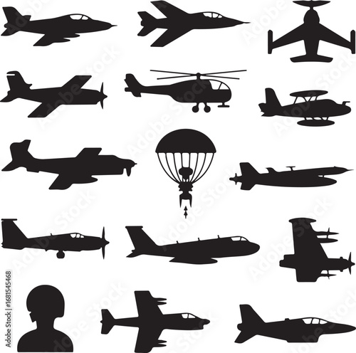 Silhouette icons of various aircraft and a skydiver airplane helicopter