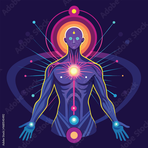 Abstract 3D human anatomy illustration of an alien skeleton in space with blue energy and chakra systems