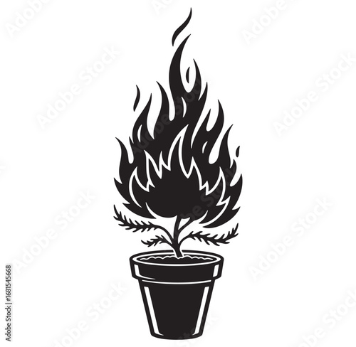 Silhouette illustration of a burning bush plant in a pot on a clean white background