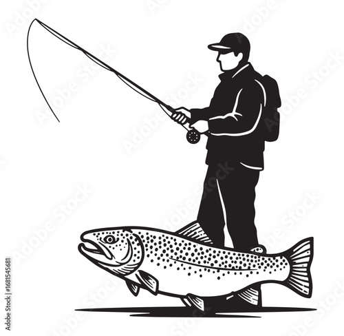 Silhouette illustration depicting fly fisherman standing on large fish with fishing rod outdoors