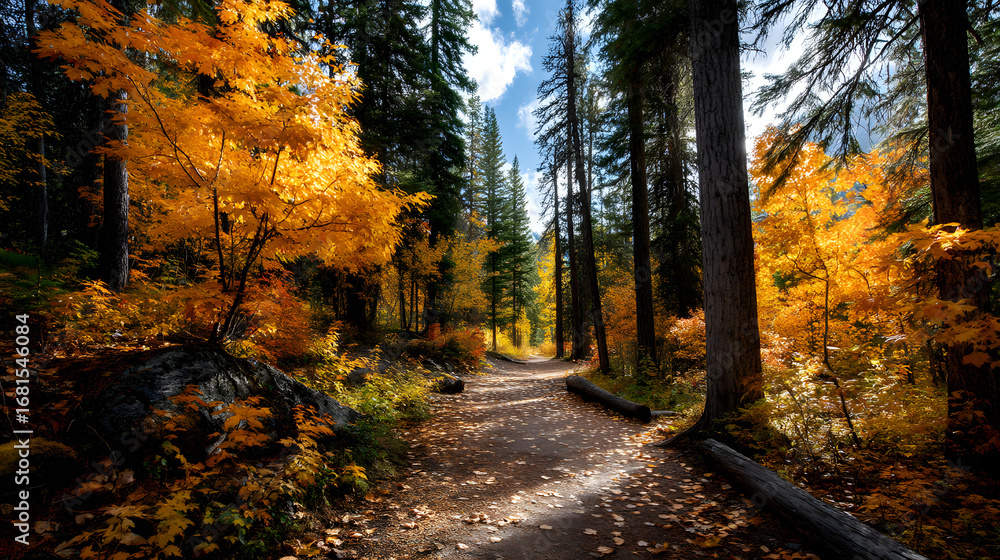 Fototapeta premium Bright autumn day with a trail through a forest of oange and gold trees.