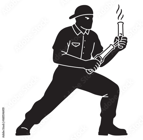 Silhouette illustration of a firefighter holding a fire extinguisher in a dangerous position