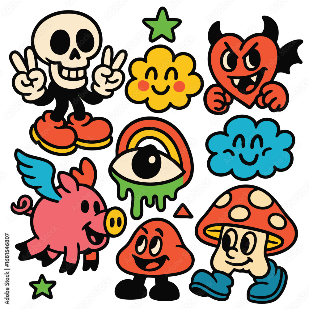 Naklejka premium Cartoon skull, smiling cloud, heart with horns, rainbow eye, pig with wings, mushroom