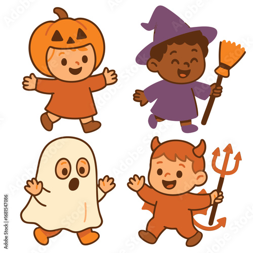 Children pumpkin costume, witch costume, ghost costume, devil costume, happy Halloween