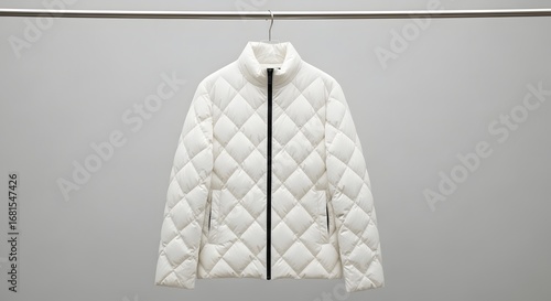 Hanging crisp white down puffer jacket on a metal rod, minimalist style, clean aesthetic, studio shot, winter fashion, retail display, isolated.