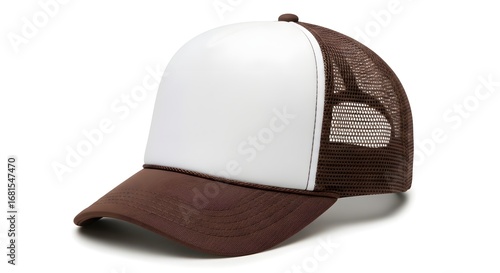 Isolated trucker cap on white close-up of baseball hat with brown brim, white front panel, and brown mesh back, casual fashion accessory, studio shot.