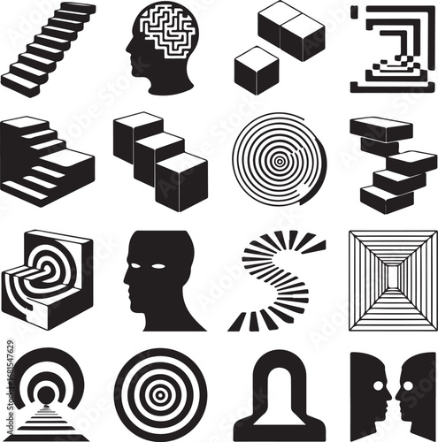 Abstract conceptual icons representing stairs mind maze cubes and targets steps staircase
