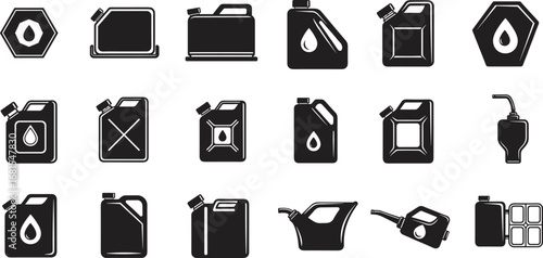 Black fuel canister silhouette collection, jerrycan icons, gasoline container vector set, oil storage illustration for automotive industry and energy design.