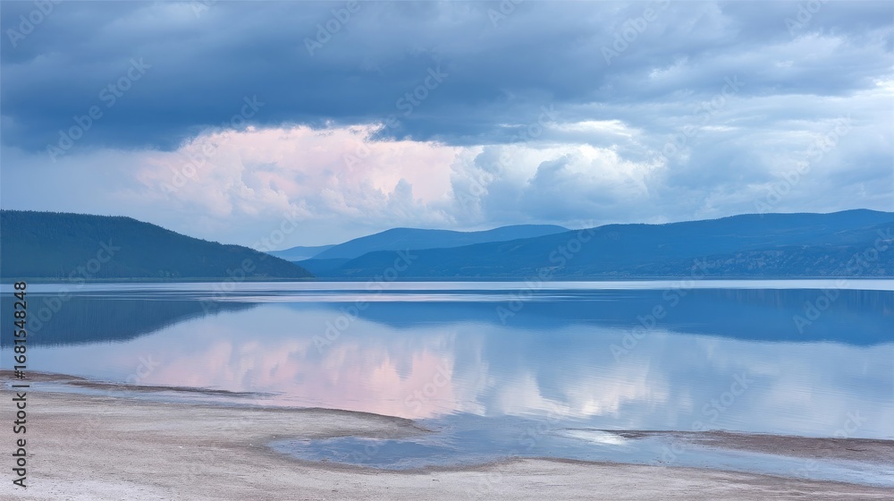 Obraz premium A serene landscape with calm water reflecting mountains and stormy clouds,