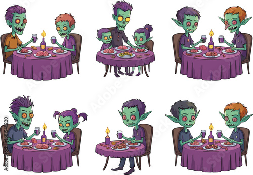 Cartoon zombies and monsters dining at creepy dinner table, Halloween themed illustration, spooky family meal with brains and eerie food