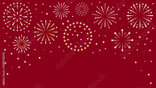 Festive fireworks with white gold sparks on red background border. Perfect for Christmas, New Year, Independence Day holiday cards, party banners, and celebration invitations.